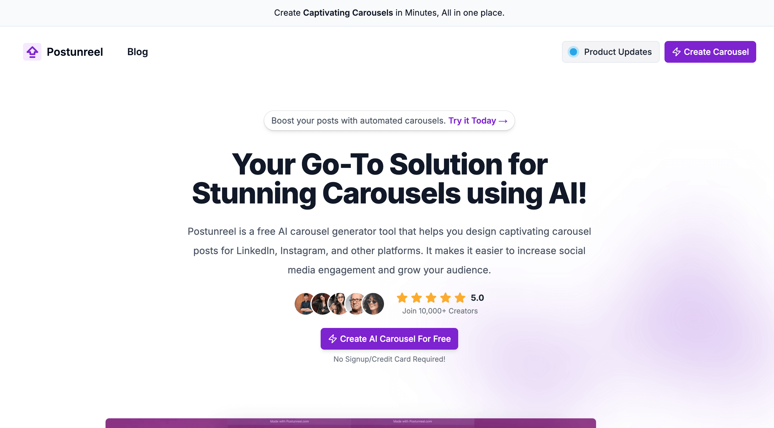 Postunreel - Free AI Carousel Generator | Create Stunning Carousels in Minutes - AItrendytools